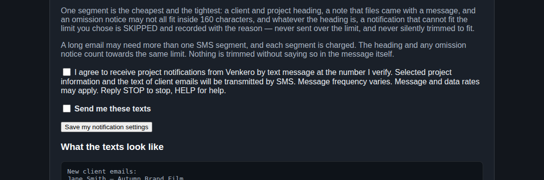 Venkero's text message settings showing the consent checkbox empty and unchecked, above the Send me these texts checkbox and the save button